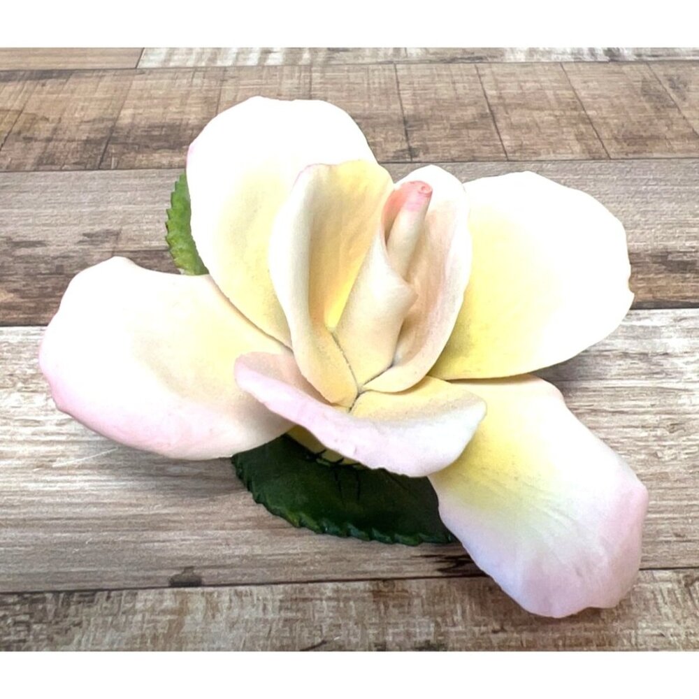 Vintage Porcelain Rose Flower Figurine With Pink & Yellow Petals And Green Leave